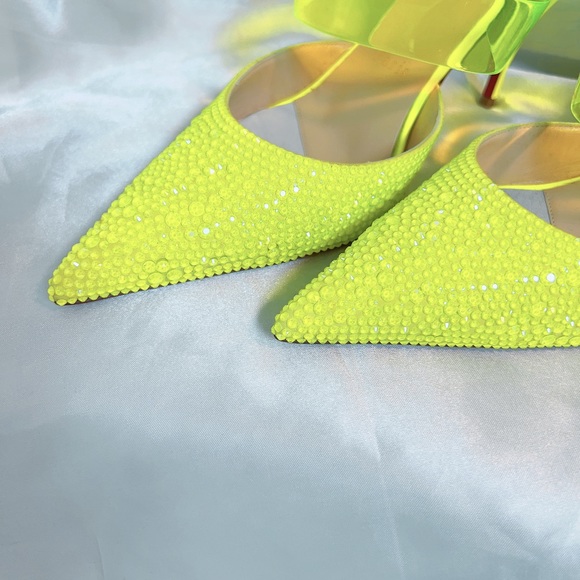 Brand New* CHRISTIAN LOUBOUTIN Suede PVC Neon Yellow Choc Strass Pumps - Picture 4 of 9